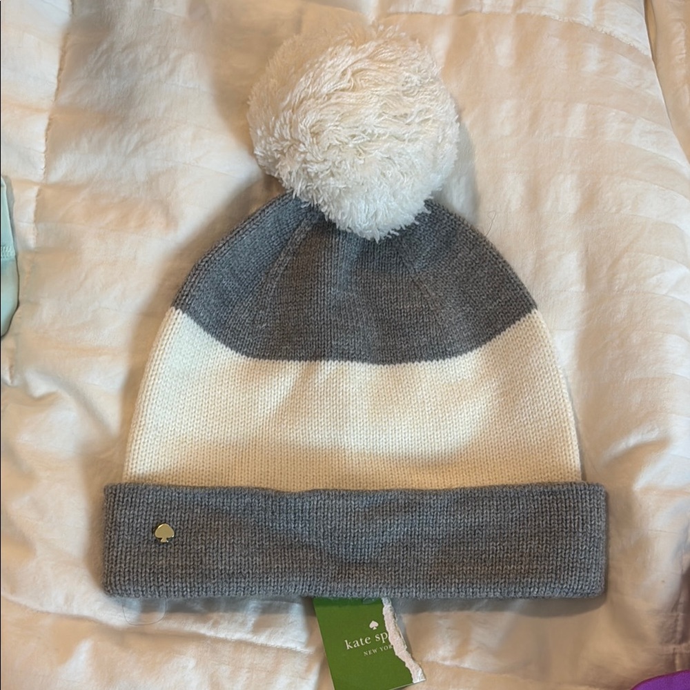 Kate Spade Gray and Cream Pom-Pom Hat